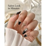 Black French Pearl & Rhinestone Press‑On Nails, Medium‑Long Almond Luxury Elegant False Nails With Polka Dots